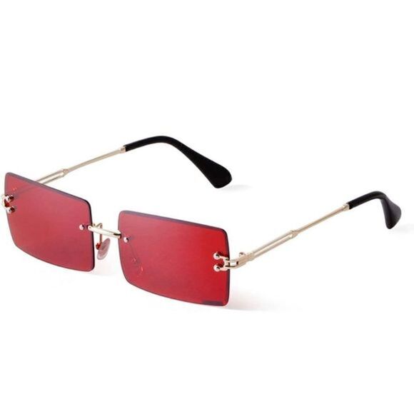 RIMLESS Rectangle Sunglasses Red & Gold - Picture 1 of 5